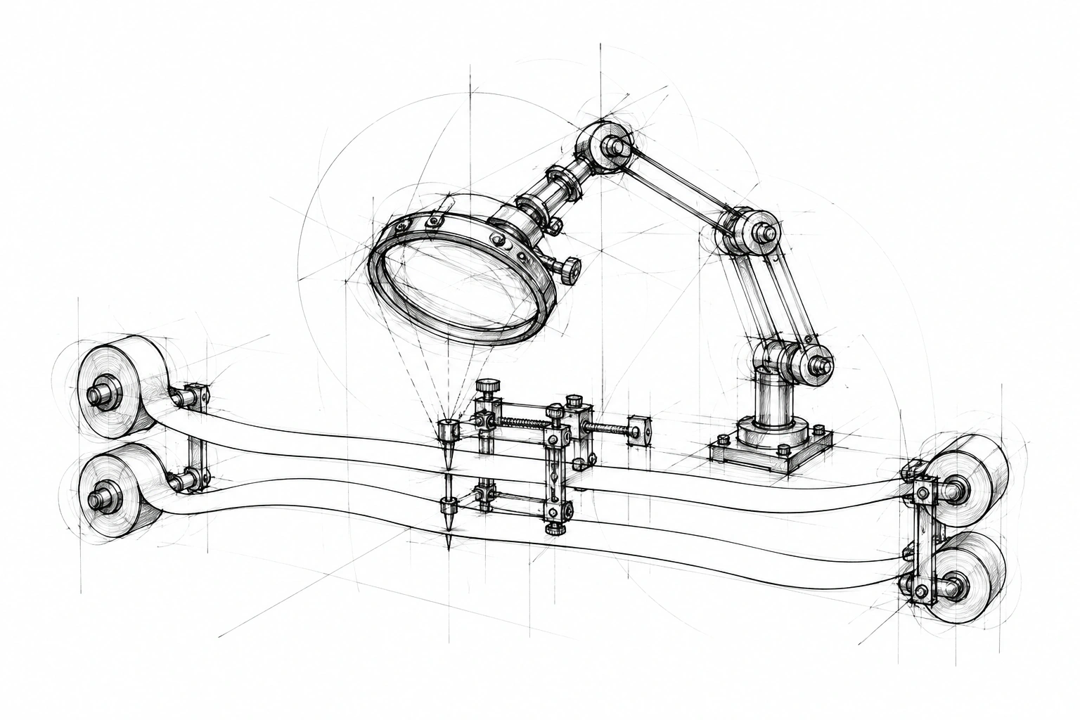 Graphite sketch of an instrument linking dialogue observations to their source